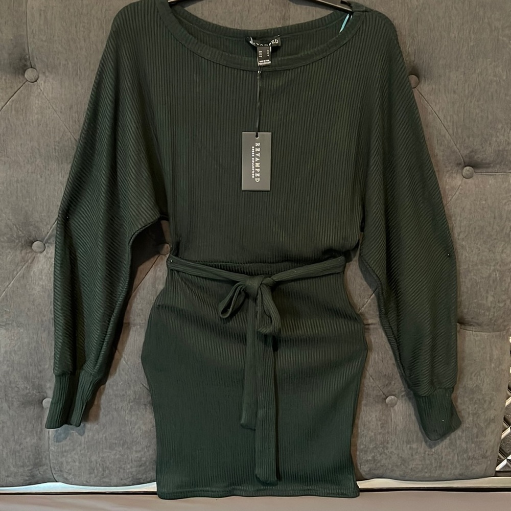 Revamped Dress Collection Dark Green Ribbed Sweater Dress Small, Stretchy